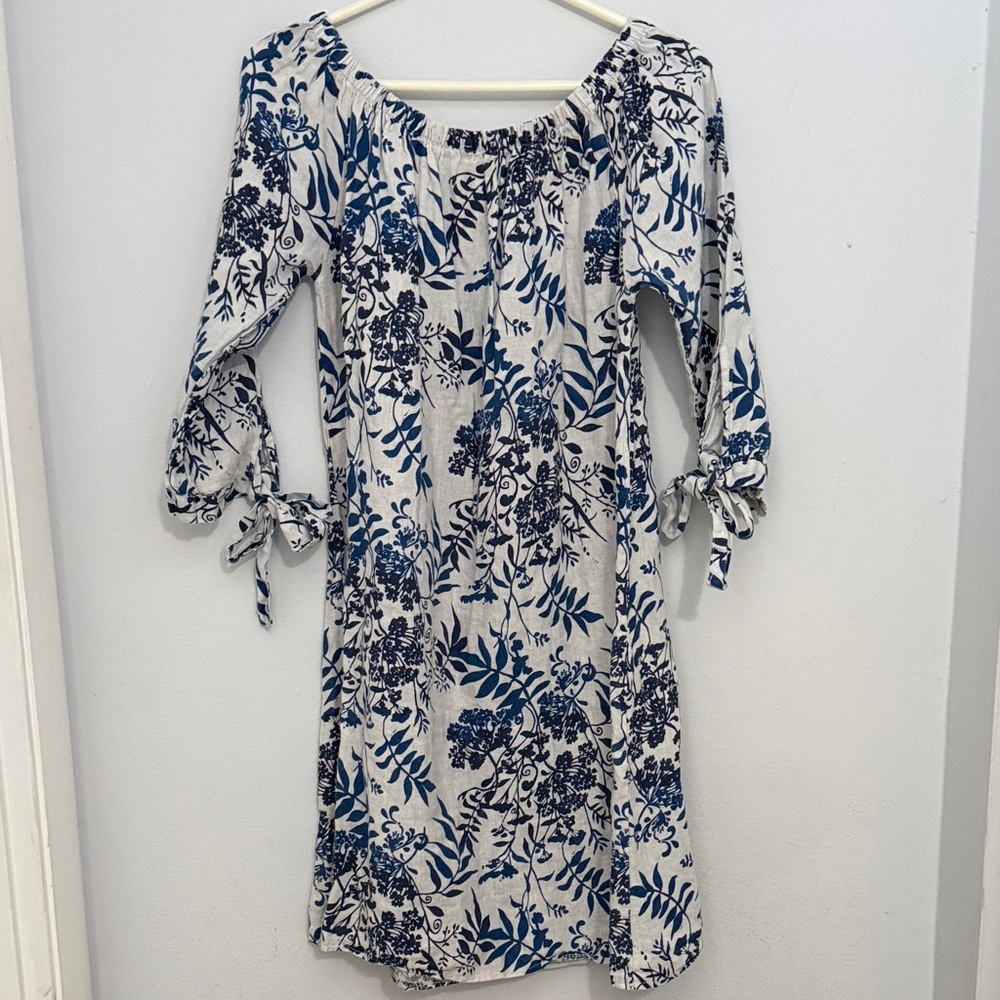 Off-Shoulder Linen Blue Floral Midi Dress with Tie Sleeves Summer Resortwear